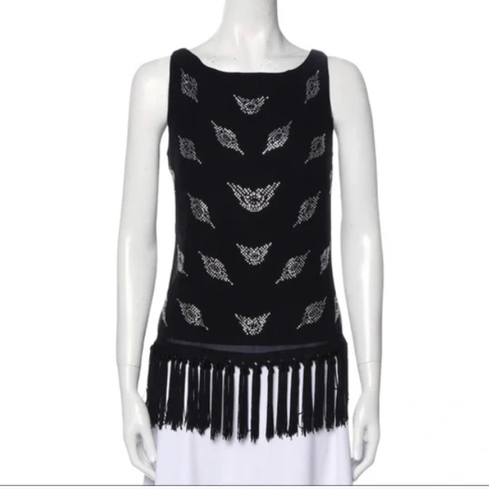 Milly Studded Embellished Fringed Sleeveless Silk Black Top Sz.4